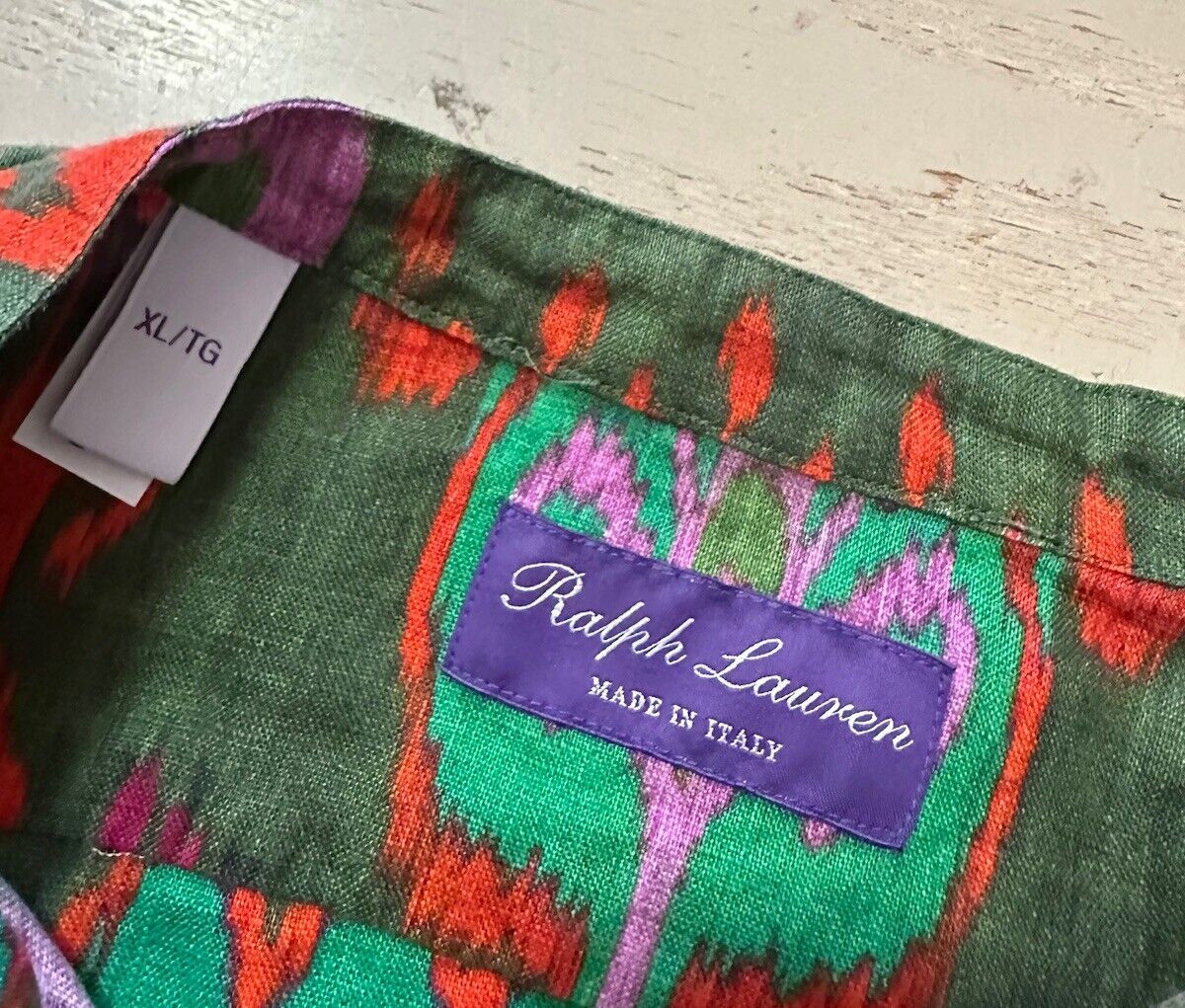 NWT $595 Ralph Lauren Purple Label Men Sahara Band Printed Linen Shirt Green XL