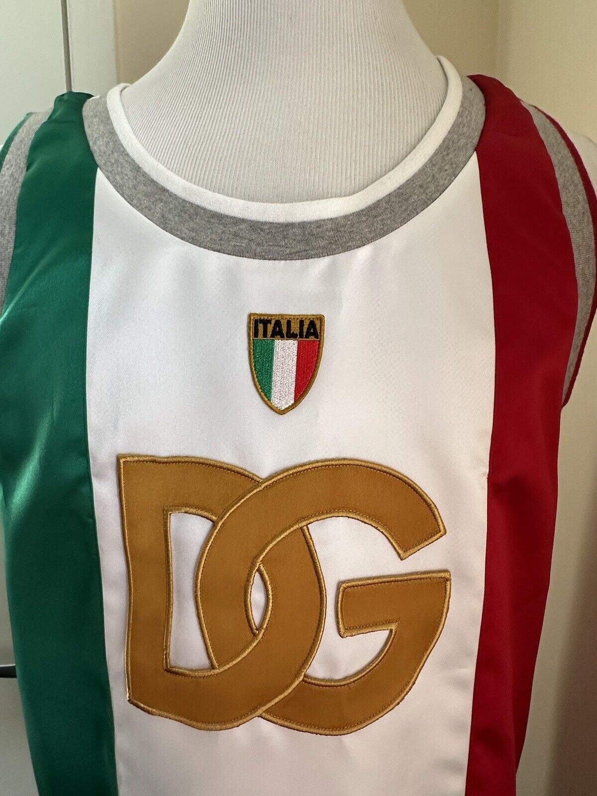 New $1295 Dolce&Gabbana Men’s Monogram Satin Jersey Tank Top Green/White/Red M