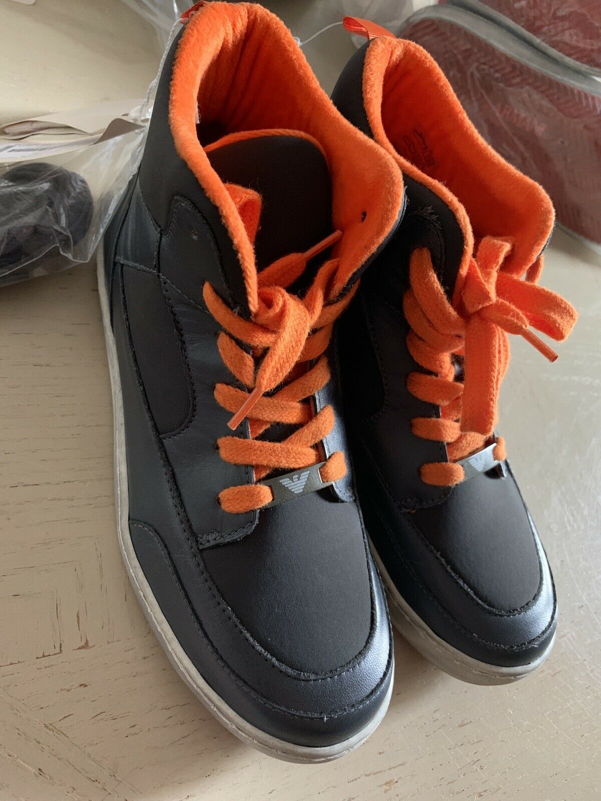 New Armani Junior Boys Leather/Nylon Sneakers Shoes Gray 5.5 US ( 38 Eur )